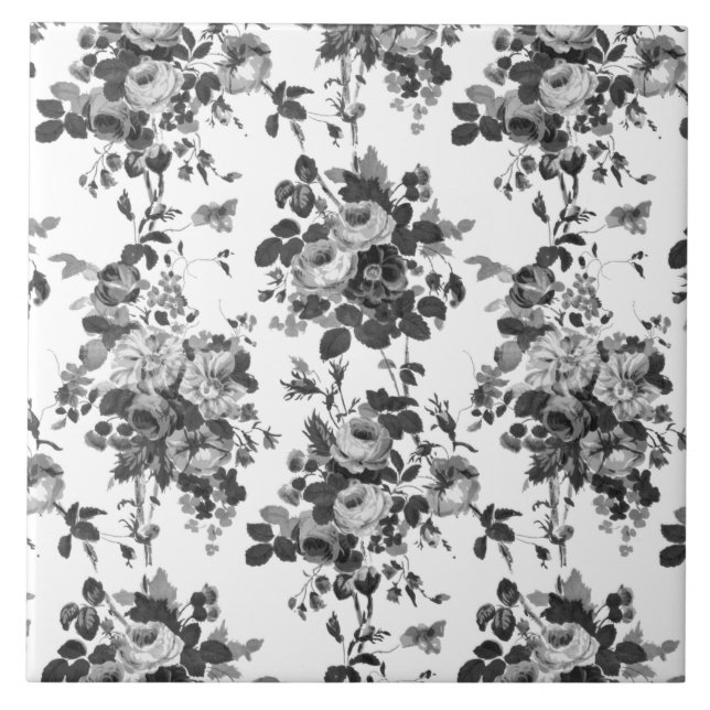 Romantic Antique Vintage Roses-Grey on White Tile (Front)