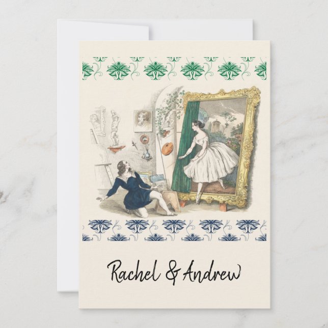 Romantic antique wedding invitation green blue (Front)