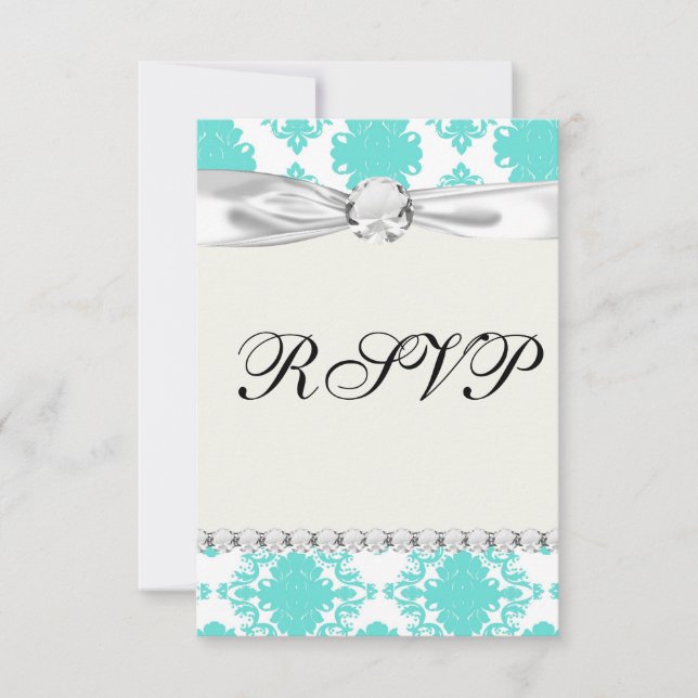romantic aqua blue white damask design RSVP card (Front)
