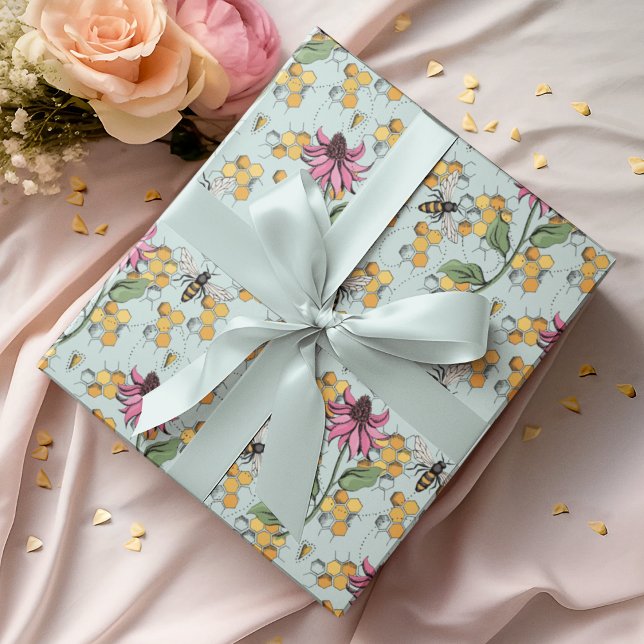 Romantic Aqua Queen Bee, Honeycomb & Flowers  Wrapping Paper (Elegant Hand-Drawn Buzzing Queen Bee, Honeycomb & Pink Exotic Flower Gift Wrap for Nature Lovers.)