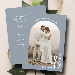 Romantic Arched Photo Dusty Blue Wedding Invitation