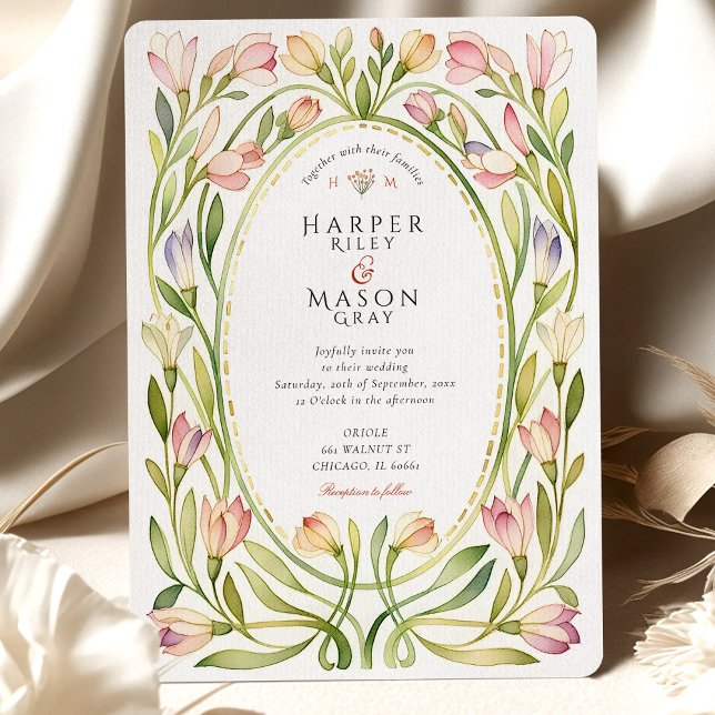 Romantic Art Nouveau Magnolia Watercolor Wedding Invitation (Creator Uploaded)