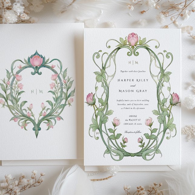 Romantic Art Nouveau Peonies Wedding Invitation (Creator Uploaded)