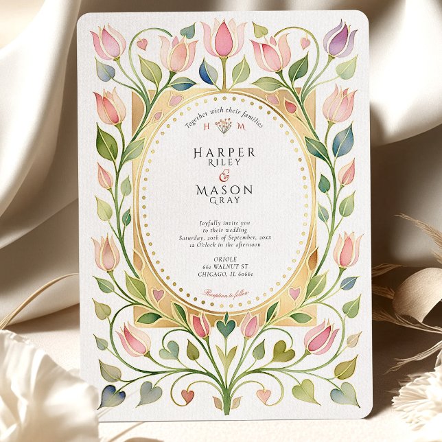 Romantic Art Nouveau Tulip & Hearts Gold Wedding Invitation (Creator Uploaded)
