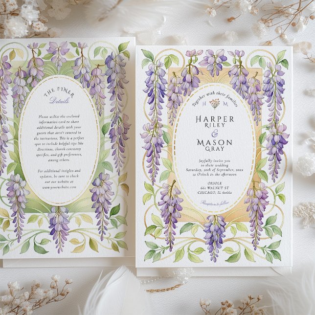 Romantic Art Nouveau Wisteria Gold Wedding Invitation (Creator Uploaded)