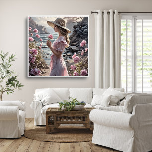 Romantic Art Poster of Beautiful Woman in Summer