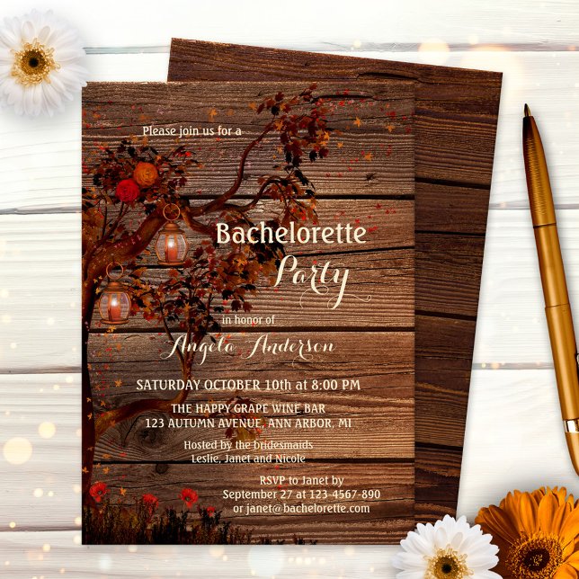 Romantic Autumn Bachelorette Party Invitation (Rustic bachelorette invitation featuring an autumn tree with colorful leaves, roses and lanterns)