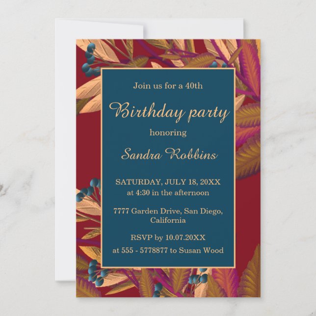 Romantic autumn blueberrie birthday invitation (Front)