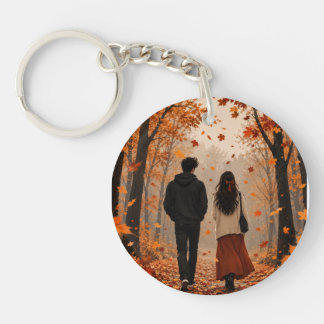 Romantic Autumn Couple Keychain | Fall Leaves Coup