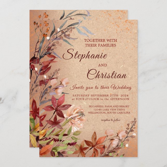 Romantic Autumn Floral Rustic Burgundy Wedding Invitation (Front/Back)