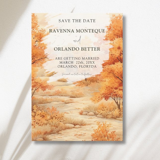 Romantic Autumn Forest Path Leaves Fall Wedding Save The Date (Creator Uploaded)
