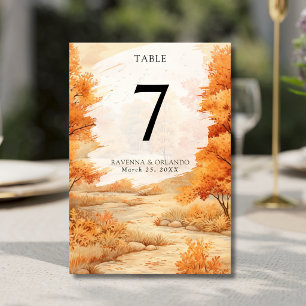 Romantic Autumn Forest Path Leaves Fall Wedding Table Number