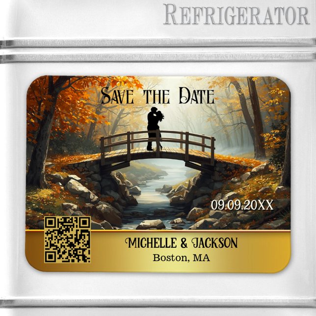 Romantic Autumn Forest Save the Date Magnet (Save the Date magnet featuring a painting of a couple on a bridge in a fall forest - with QR code)