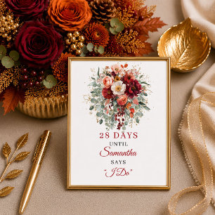 Romantic autumn marsala floral bridal shower count poster