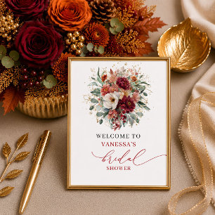 Romantic autumn marsala floral bridal shower welco poster