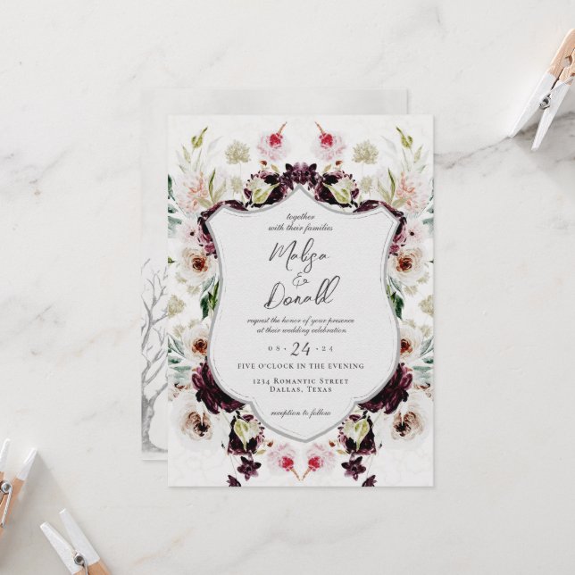 Romantic Autumn Woodland Floral Crest Wedding Invitation (Front/Back In Situ)