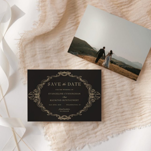 Romantic Baroque Ornate Frame Black Photo Save The Date (Creator Uploaded)