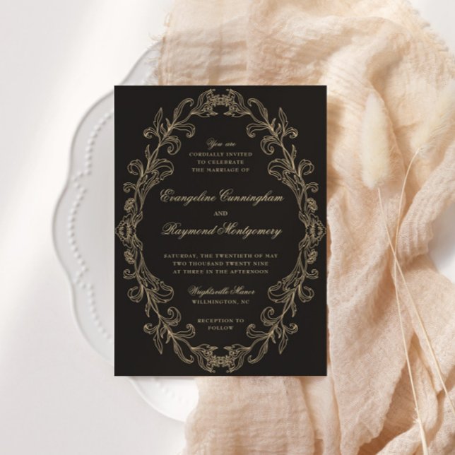 Romantic Baroque Ornate Frame Black Wedding Invitation (Creator Uploaded)