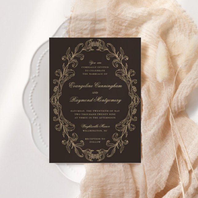 Romantic Baroque Ornate Frame Dark Brown Wedding Invitation (Creator Uploaded)