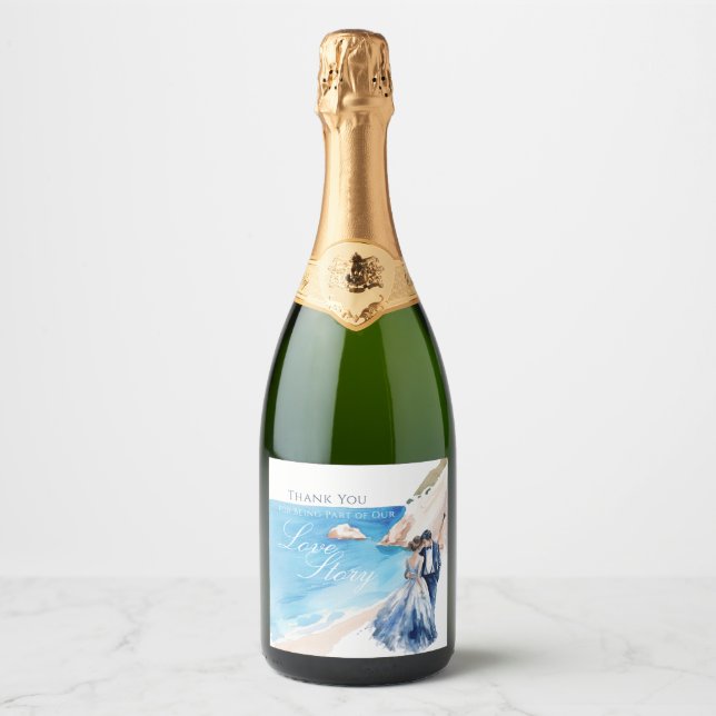Romantic Beach Bride & Groom Wedding Sparkling Wine Label (Front)
