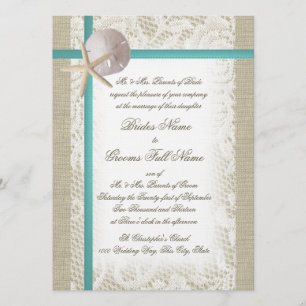 Romantic Beach Burlap and Lace Aqua Invitation
