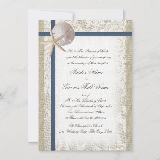 Romantic Beach Burlap and Lace Navy Blue Invitation (Front)