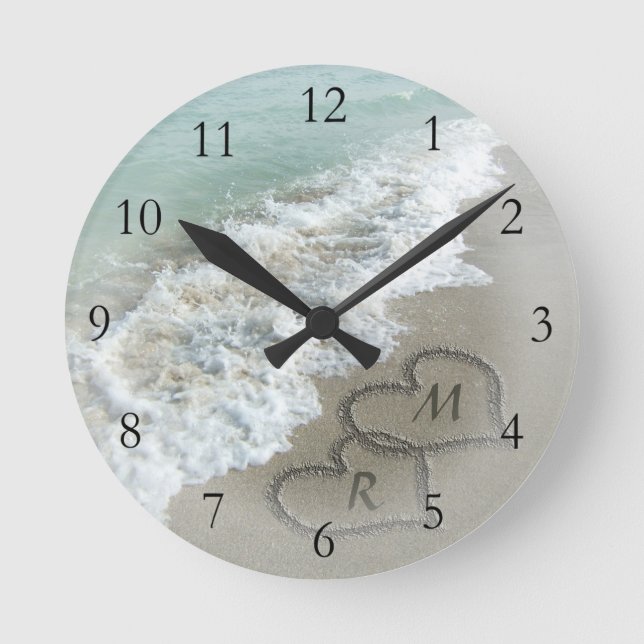 Romantic Beach Hearts Round Clock (Front)