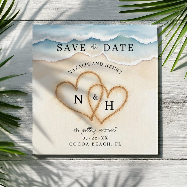Romantic Beach Hearts Save the Date | Watercolor  (Tropical Save The Date Card)