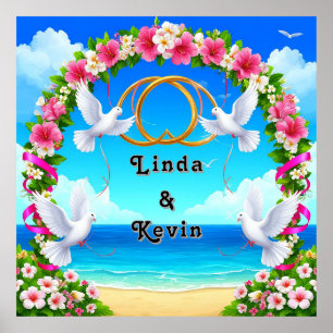 Romantic Beach Ocean Scene with Floral Arch Poster