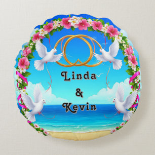 Romantic Beach Ocean Scene with Floral Arch Round Cushion