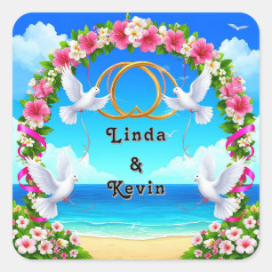 Romantic Beach Ocean Scene with Floral Arch Square Sticker