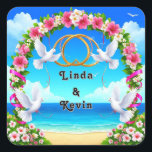 Romantic Beach Wedding Bridal Gift, Wedding Favour Square Sticker<br><div class="desc">Celebrate love with this romantic beach wedding sticker featuring a scenic coastal setting adorned with a floral arch, flying doves, and interlocking wedding rings. This elegant design captures the beauty and serenity of a seaside ceremony, making it perfect for weddings, engagements, and bridal celebrations. Ideal for decorating invitations, favour bags,...</div>