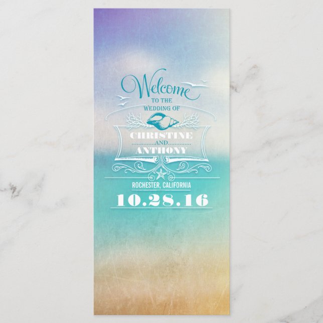 romantic beach wedding programs - ombre blue sea programme (Front)