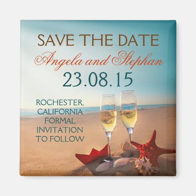 romantic beach wedding save the date magnets (Front)