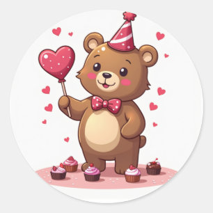 Romantic Bear Offering Heart-Shaped Lollipop Classic Round Sticker