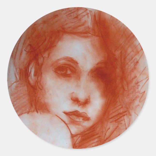 ROMANTIC BEAUTY / Woman Portrait in Sepia Brown Classic Round Sticker (Front)