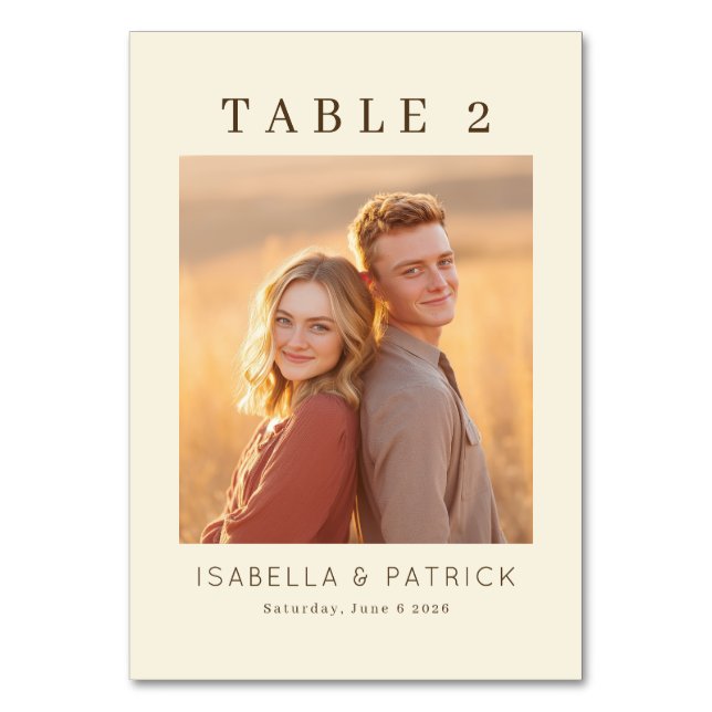 Romantic Beige Elegant Photo Table Number (Front)