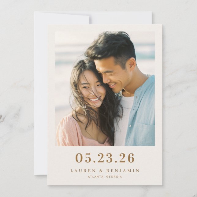 Romantic Beige Minimalist Photo Save The Date (Front)