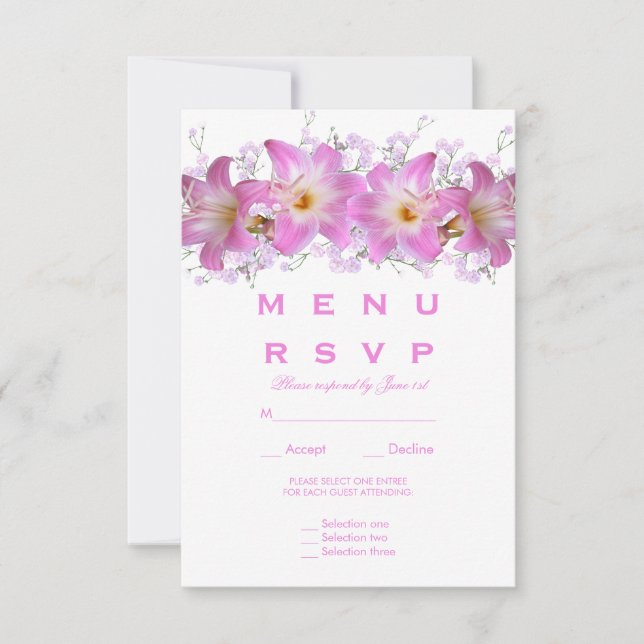 Romantic Belladonna Lilies Wedding Menu RSVP (Front)