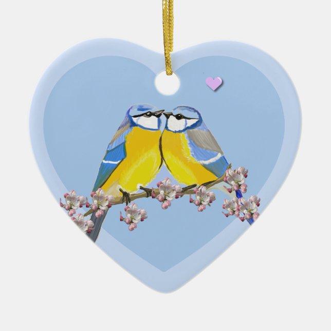 Romantic bird pair, Cyanistes Caeruleus Ceramic Tree Decoration (Front)