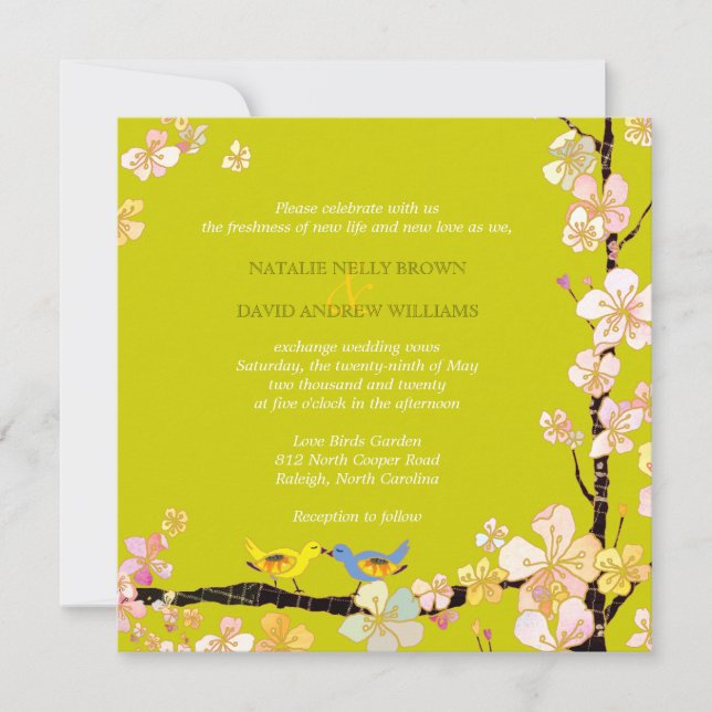 Romantic Bird Theme Apple Green Wedding Invitation (Front)