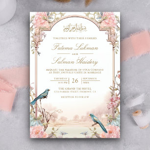 Romantic Birds Blush Pink Floral Muslim Wedding Invitation