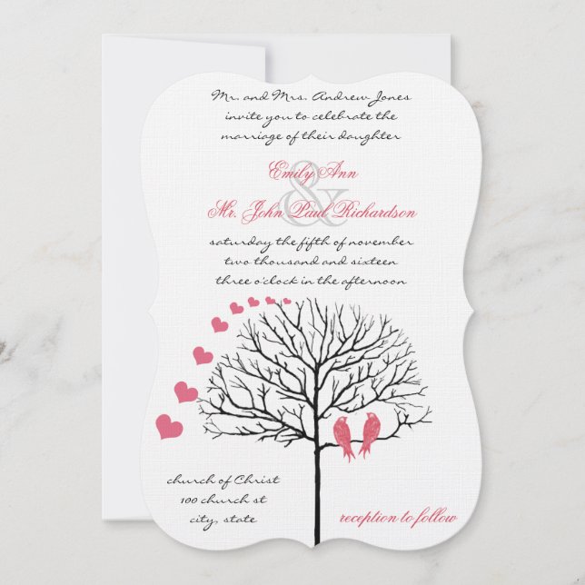 Romantic Birds Honeysuckle Pink Wedding Invite (Front)