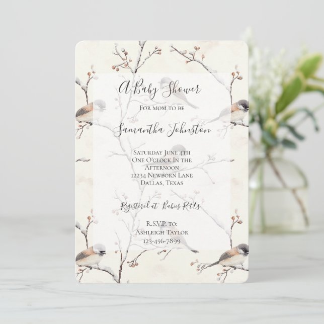 Romantic Birds in a Tree Baby Shower Invitation (Standing Front)