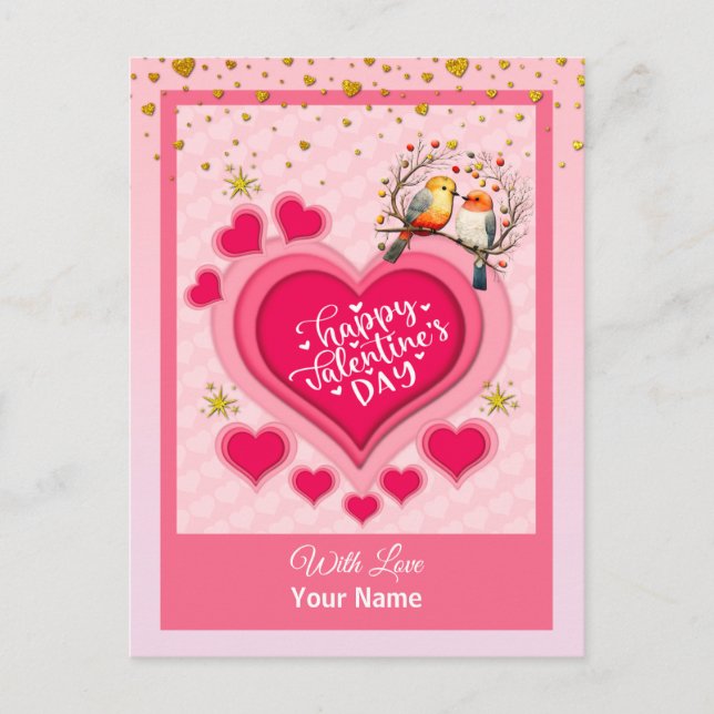 Romantic Birds on Branch Valentine's Day and Heart Holiday Postcard (Front)