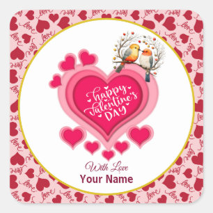 Romantic Birds on Branch Valentine's Day and Heart Square Sticker