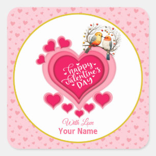 Romantic Birds on Branch Valentine's Day and Heart Square Sticker