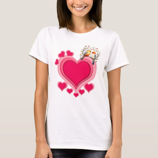 Romantic Birds on Branch Valentine's Day and Heart T-Shirt (Front)