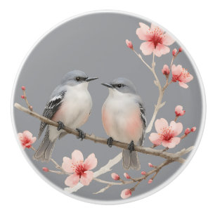 Romantic Birds on Cherry Blossom Branch Watercolor Ceramic Knob