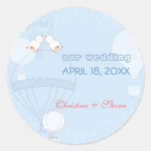 Romantic Birds on Hot Air Balloons Wedding Classic Round Sticker